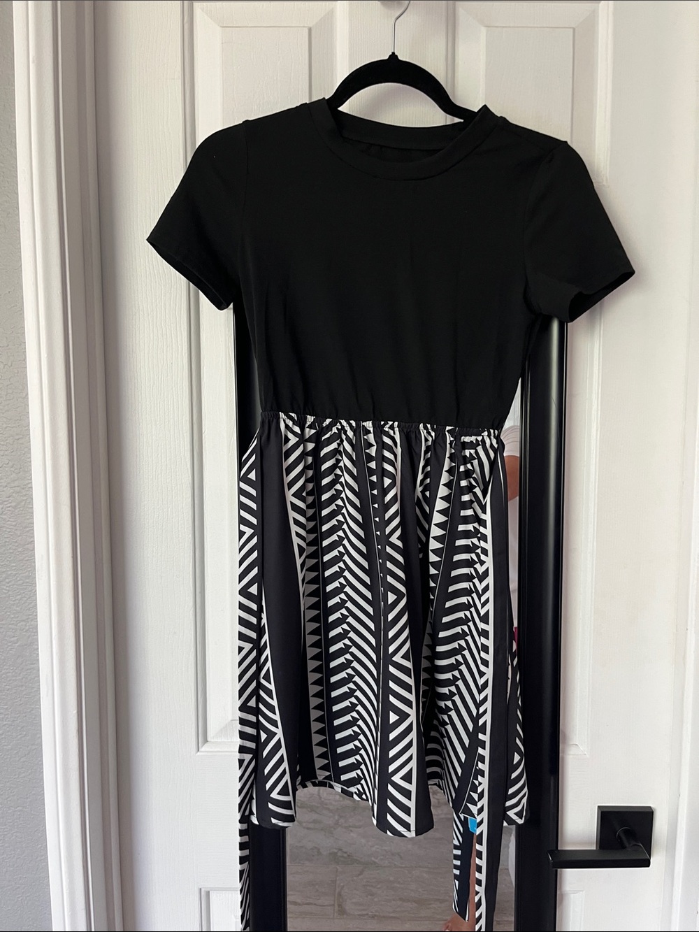 Black Top with Black & White Geometric Skirt Dress- NWT